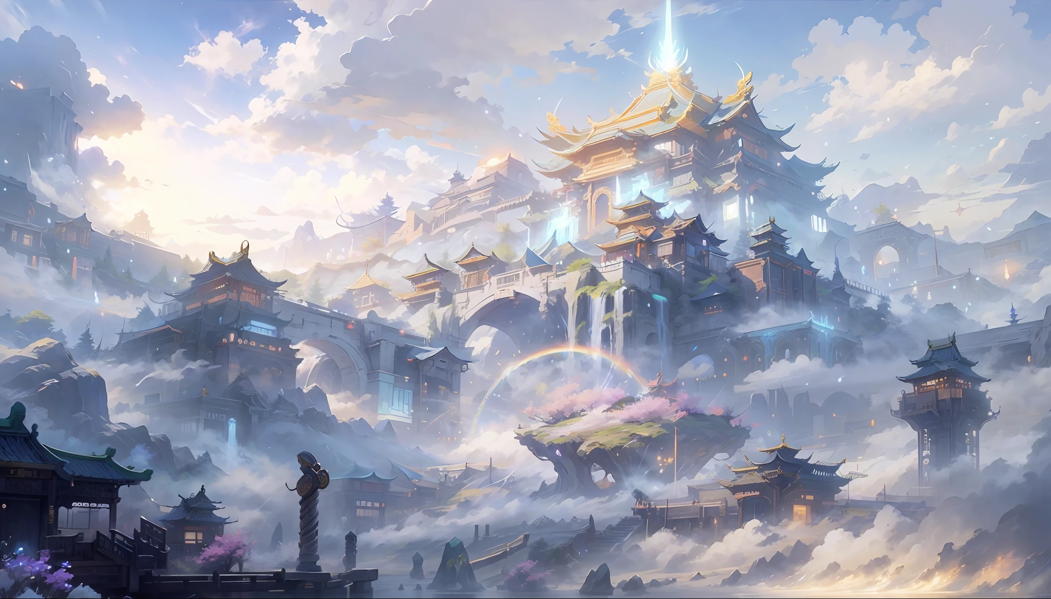 céleste，Île immortelle，Le royaume du ciel，Tons bleu-blanc，style science-fiction，Architecture ancienne chinoise