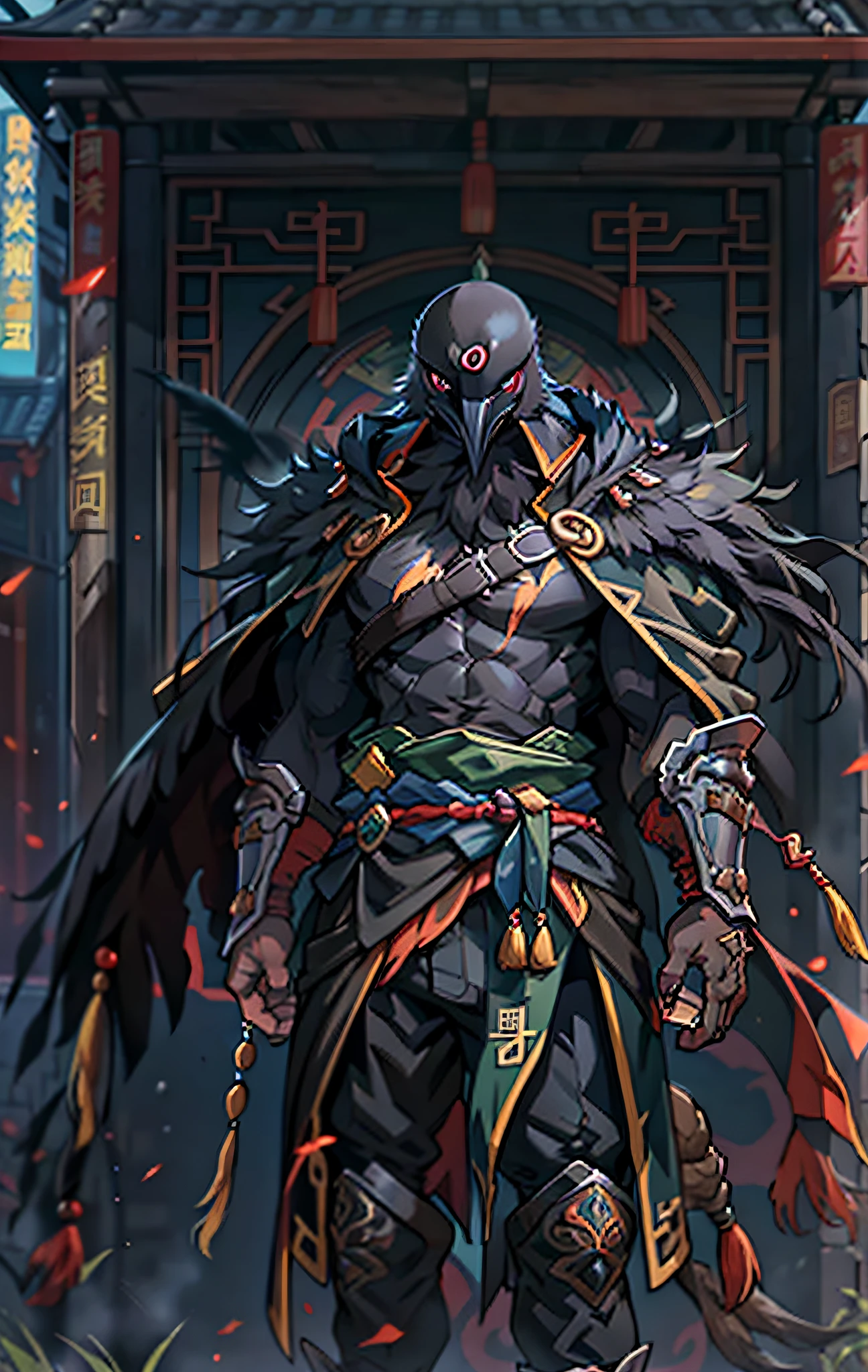 Corbeau assassin, Tout le corps comme，Close-up of Corbeau assassin in the city, Des yeux déterminés，féroce，Akira dans la mythologie chinoise, un commerçant degen majestueux et épique, bian lian, par Yang J., Guerrier chinois, Corbeau assassin anthropomorphe, son Goku, cgsociety et fenghua zhong, inspiré par Li Kan, Guerrier assassin épique, Corbeau assassin, Cape noire en lambeaux，armure，PEINTURE CORPS ENTIER DEBOUT，cadre fantastique, Notion de personnage, art de personnage, Portrait de personnage, dessin animé, Meilleure qualité, meilleure résolution, 4k, Vif colors, Vif, Détails élevés, meilleur détail, pose confiante, extraverti, regarde d&#39;en bas,