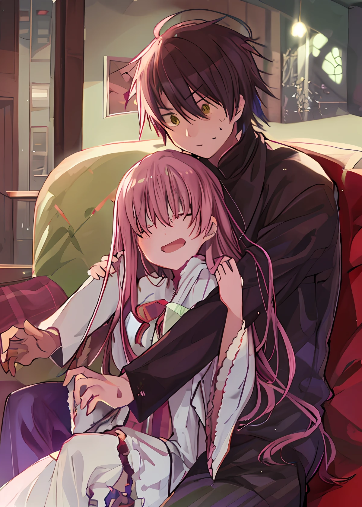 Anime couple sitting on sofa hugging each other, zerochan art, zerochan, hajime yatate, shuushuu anime image, kissing together cutely, shoujo romance, a-1 pictures, tsukasa dokite, loputyn and matcha, inspired by Ike no Taiga, at pixiv, sasoura