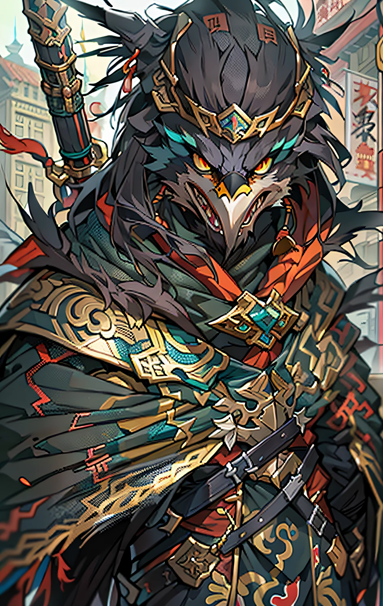Eagle Assassins, Full body like，Close-up of Eagle Assassin in the city, Determined eyes，Fierce，Akira in Chinese mythology, an epic majestical degen trader, bian lian, by Yang J, Chinese Warrior, Anthropomorphic Assassin Eagle, Son Goku, cgsociety and fenghua zhong, inspired by Li Kan, Epic Assassin Warrior, Eagle Assassins, Black tattered cloak，Armour，Full body standing painting，Fantasy setting, character concept, character art, Character portrait, Cartoon, Best quality, Best resolution, 4K, Vivid colors, Vivid, High detail, best detail, confident pose, extrovert, look from down,