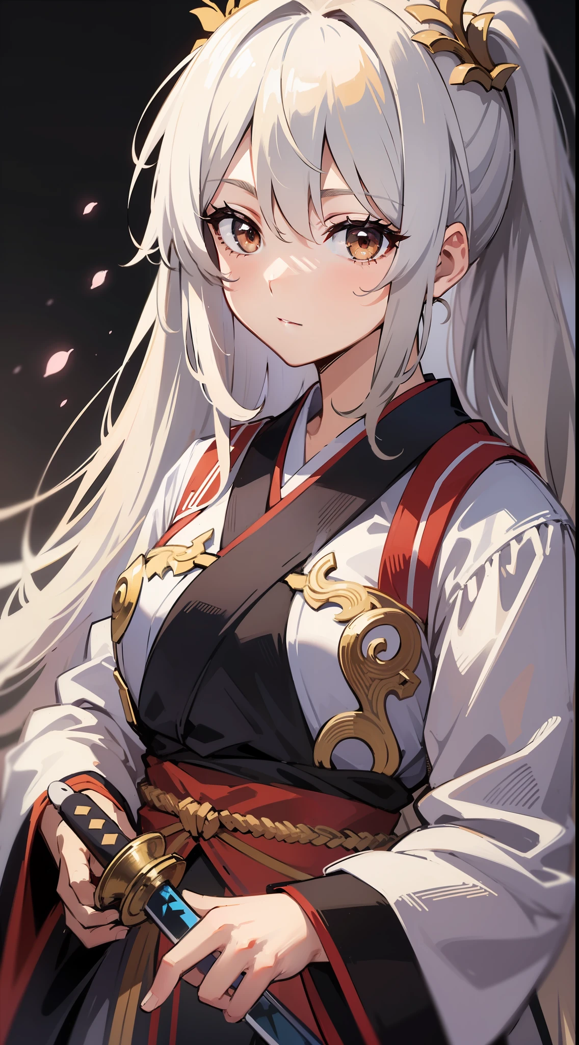 A Styokaya Girl, Long white hair, high ponytail, Brown eyes, Hanfu, a sword, Masterpiece, hiquality