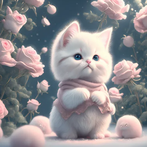 In this ultra-detailed CG art, cute kittens surrounded by ethereal roses, laughter, best quality, high resolution, intricate details, fantasy, cute animals, left, funny, left!! Mouth!!! Laugh!!! --auto