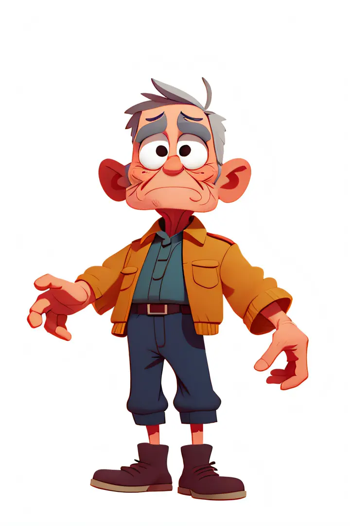 old 1man with ,  looking at the viewer,  smale, side viewer, cartoon, pixar style, 2d, cartoon, open arms , high brightness , detailed face, White background