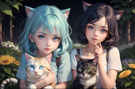 Girl with blue hair with stars Golden eyes Flowers in hand Has a cat