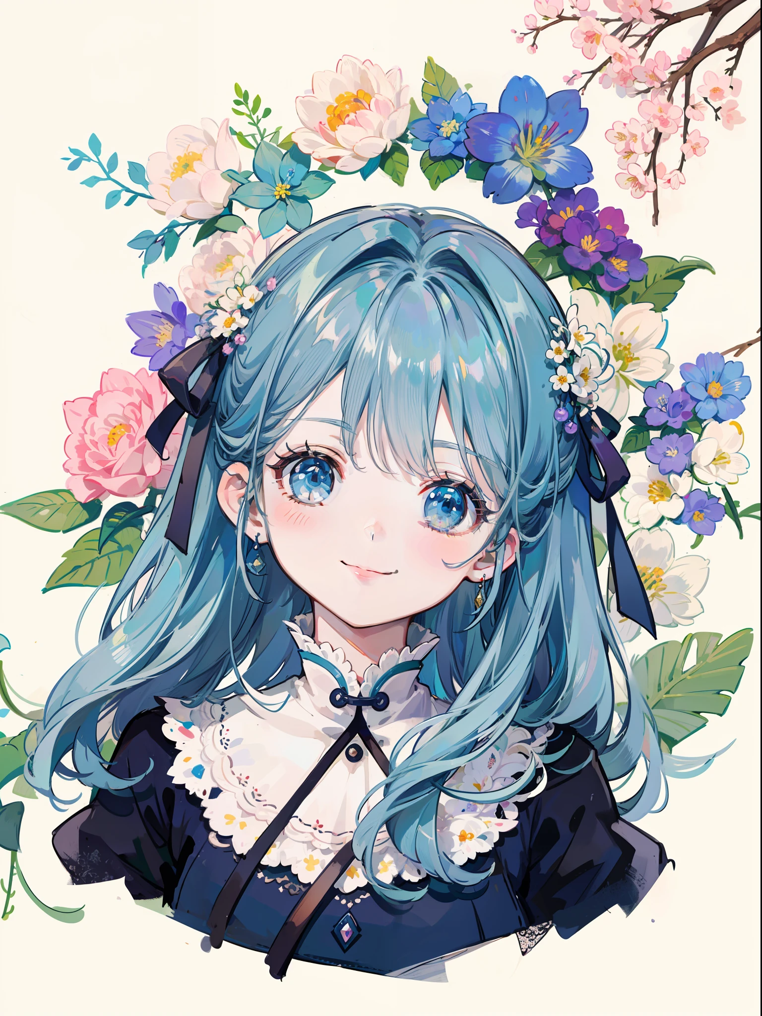 Background overflowing with many flowers、Close up portrait of a woman smiling with a big smile。There are also a lot of flowers in the hair。Cute illustrations full of happiness、Floral background、Extremely high quality、high-level image quality、Extremely delicate drawing。Rarely seen workmanship