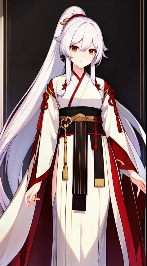 Tall girl, Long white hair, high ponytail, Brown eyes, Hanfu, a sword, Masterpiece, hiquality