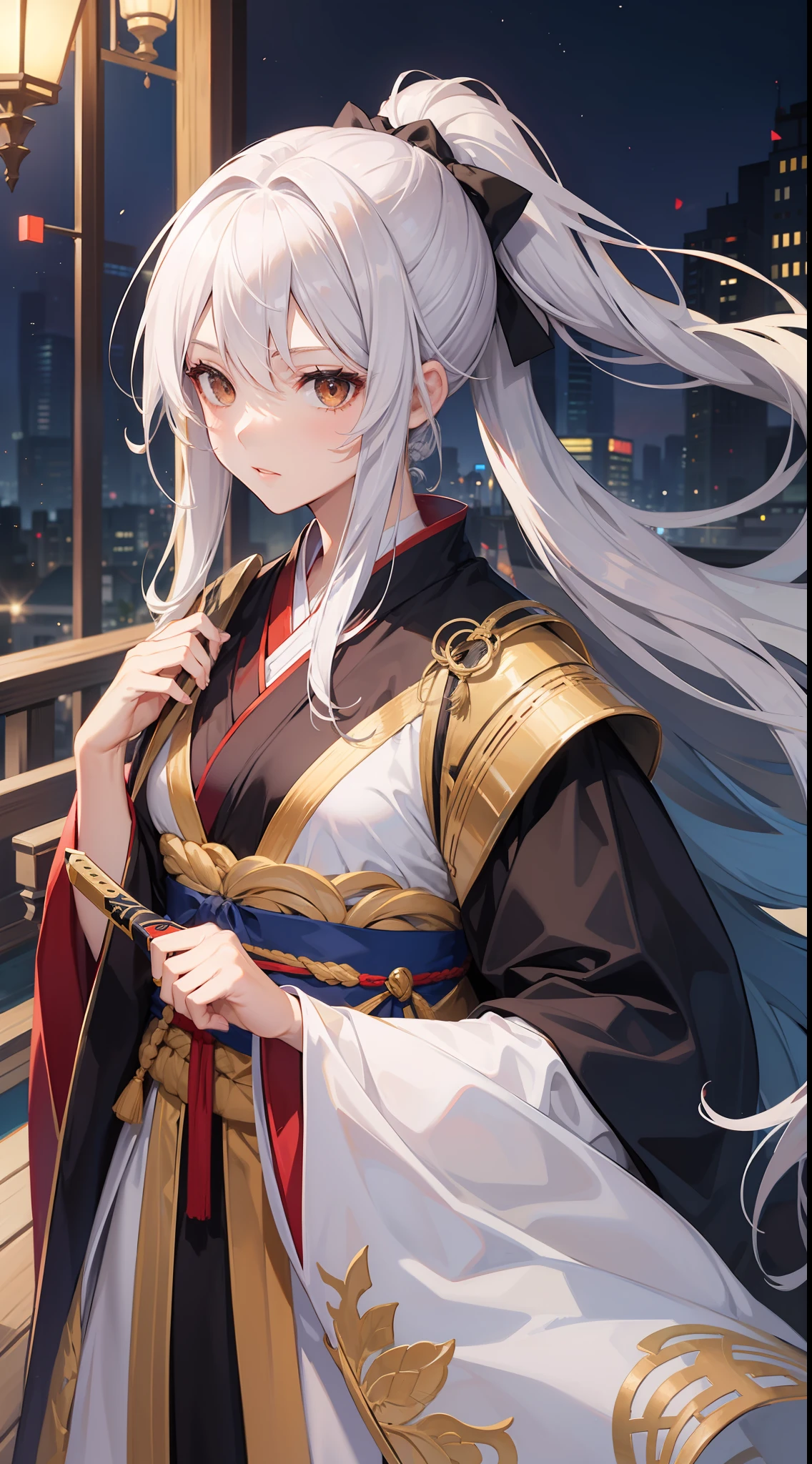 Tall girl, Long white hair, high ponytail, Brown eyes, Hanfu, a sword, Masterpiece, hiquality