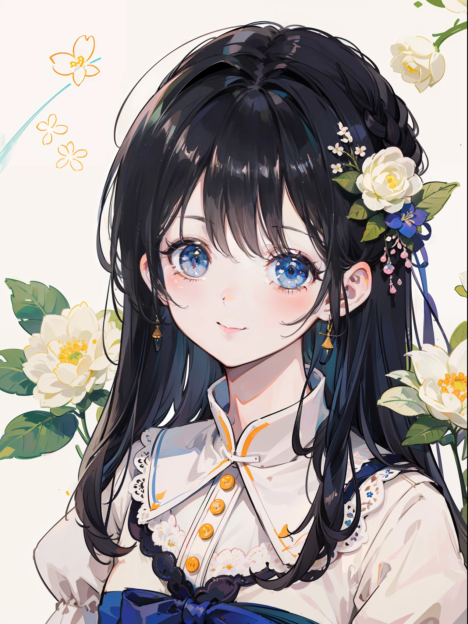 Background overflowing with many flowers、Close up portrait of a woman smiling with a big smile。There are also a lot of flowers in the hair。Cute illustrations full of happiness、Floral background、Extremely high quality、high-level image quality、Extremely delicate drawing。Rarely seen workmanship