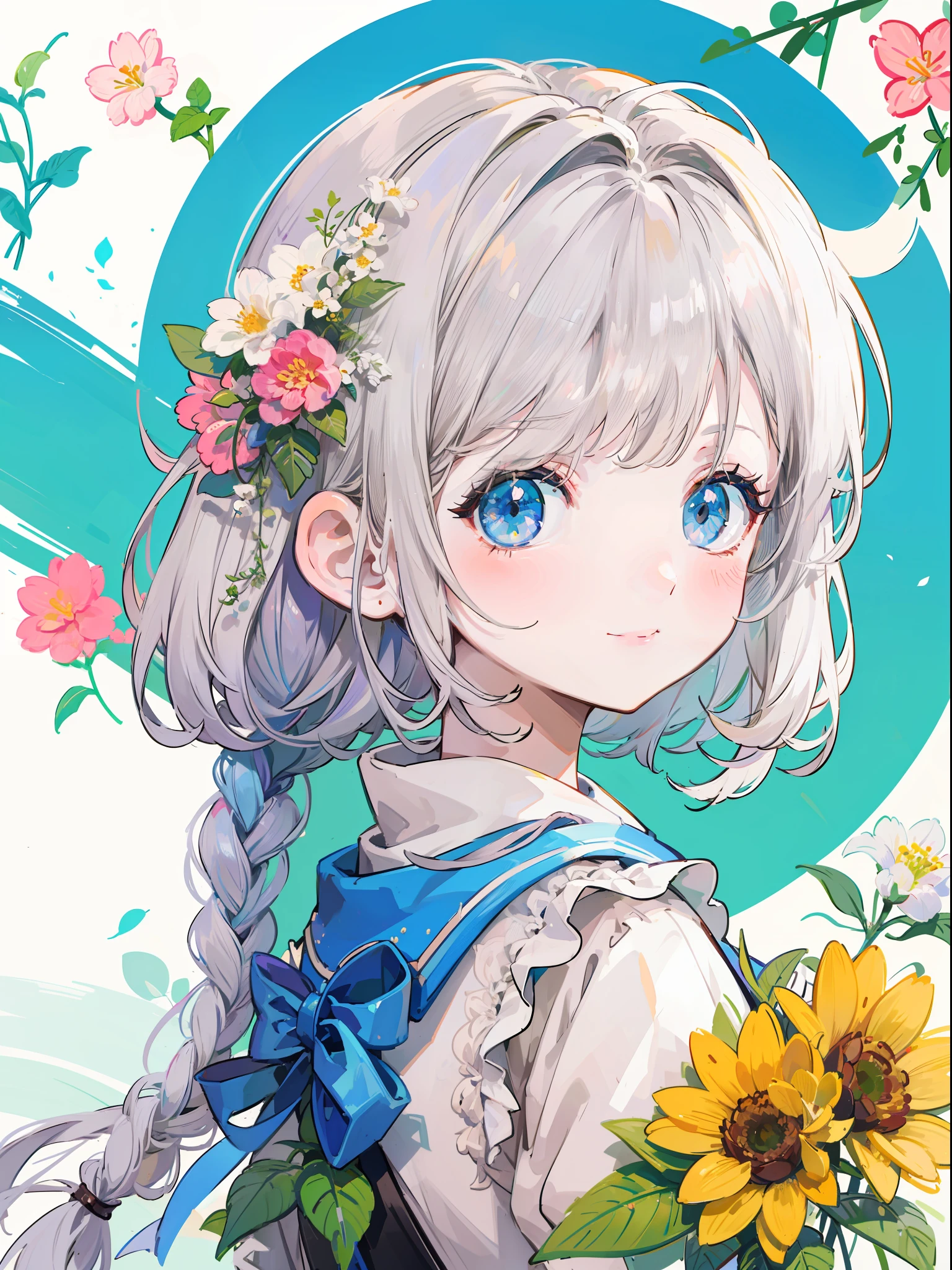 Background overflowing with many flowers、Close up portrait of smiling woman looking back。There are also many flowers in the hair of the braid。Cute illustrations full of happiness、Floral background、Extremely high quality、high-level image quality、Extremely delicate drawing。Rarely seen workmanship