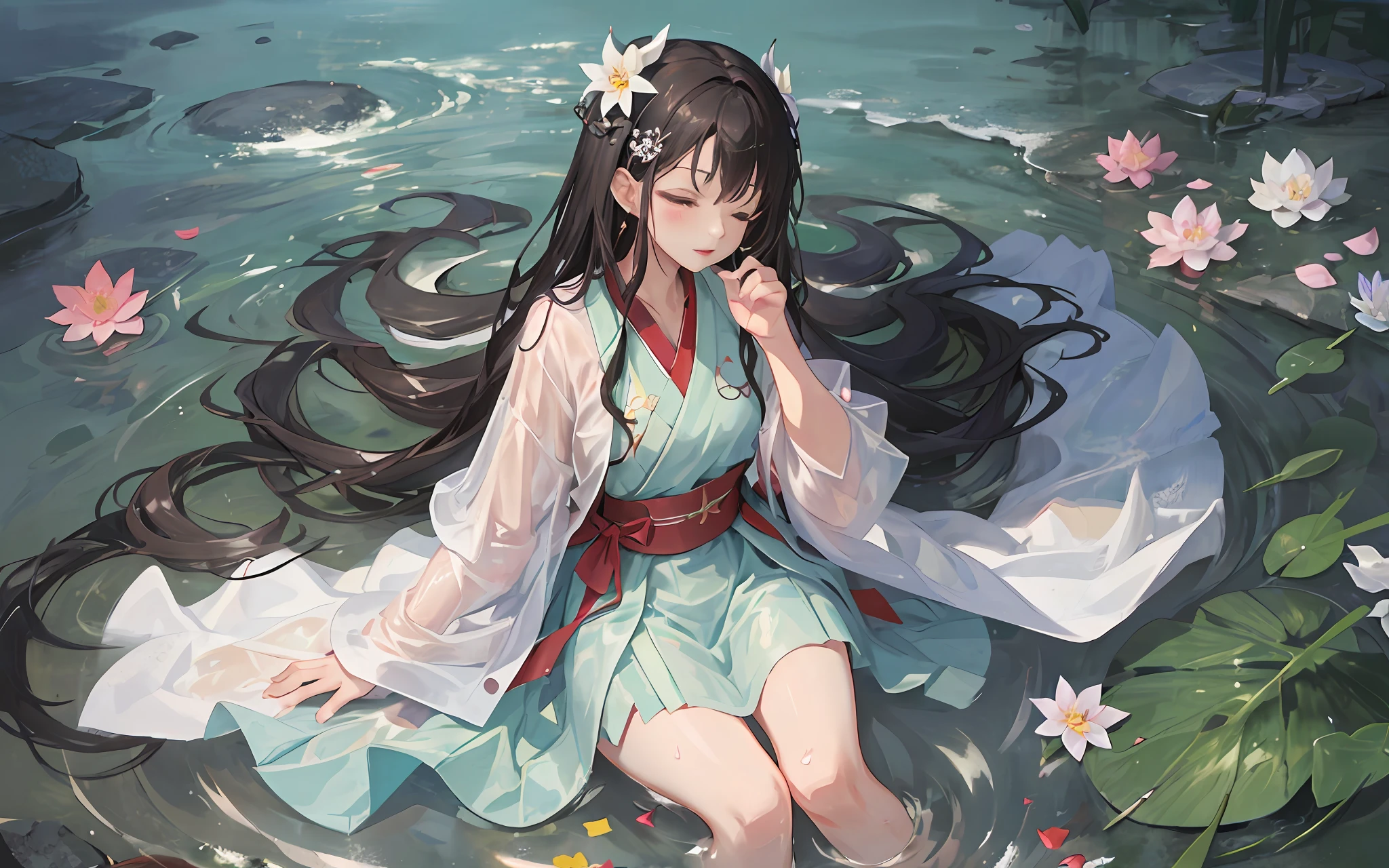 Dark green Hanfu, a woman, cool, fair skin, sea of flowers, pond, petals floating on the water, lily, clavicle, eyes closed, half submerged in water, dark background, moonlight, hairpin, jade pendant, Hanfu, delicate faces, hair accessories, red lips, skirts, belts, jewelry, long hair, earrings, , strands of hair, perfect body proportions, wet, slender legs, bridges,