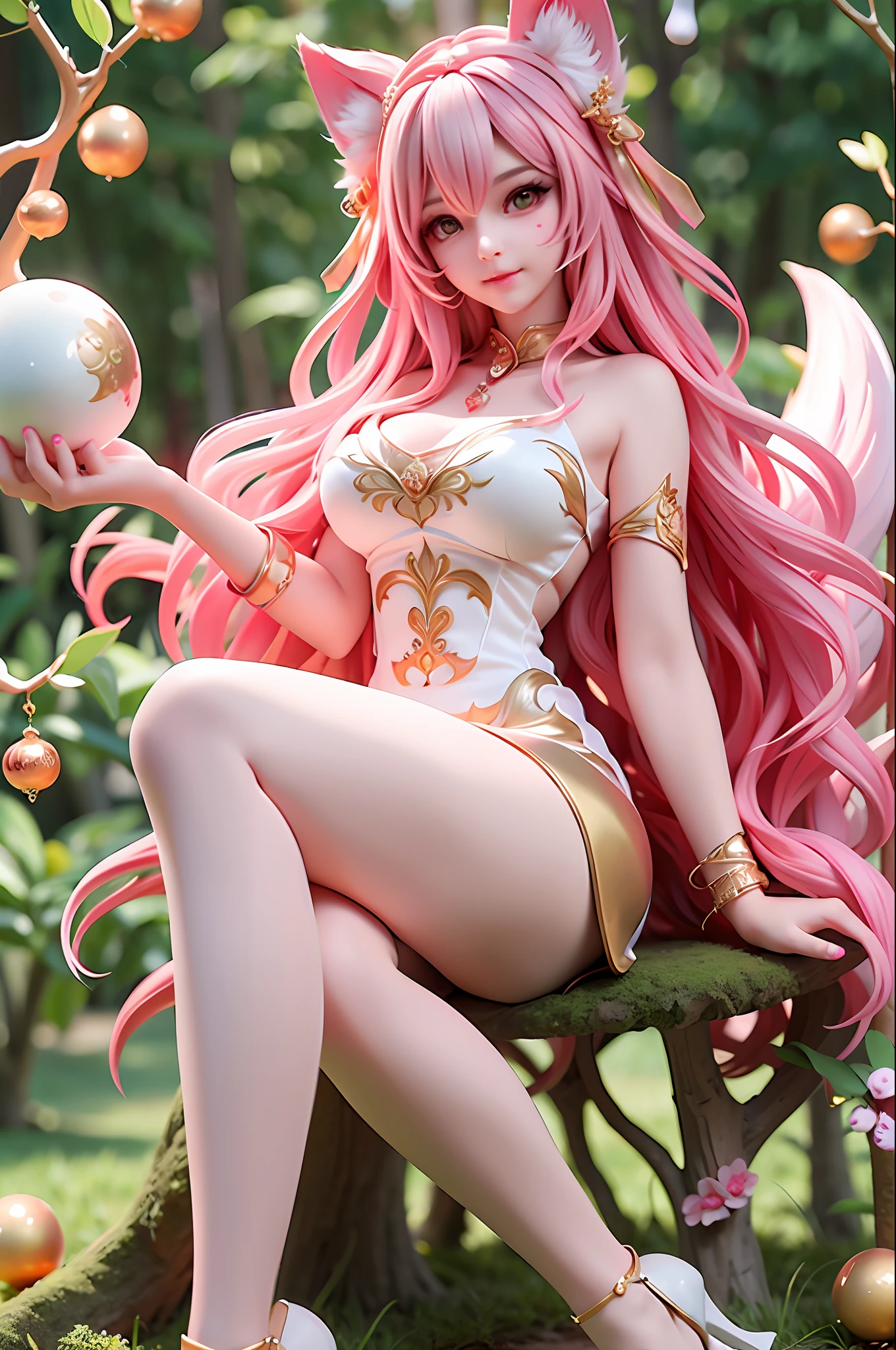 face illuminated，Bright backlight，Love background，Ultra-high resolution，best qualtiy，photore，4K，（realisticlying：1.2）， 1个Giant Breast Girl，adolable，roleplaying，ahri（league of legend），Sit on a branch，Crossed legs，with hands resting on knees，Naughty，looking at viewert，（mediuml breasts：1.1），Nine tails，Long ears，Green eyes，（longwavy hair：1.2），White and gold tiara，Red and gold cheongsam dress，（thighs high socks：1.3），red high heel pumps，Red and gold bracelet，In the moonlit forest，Hold the glowing sphere，