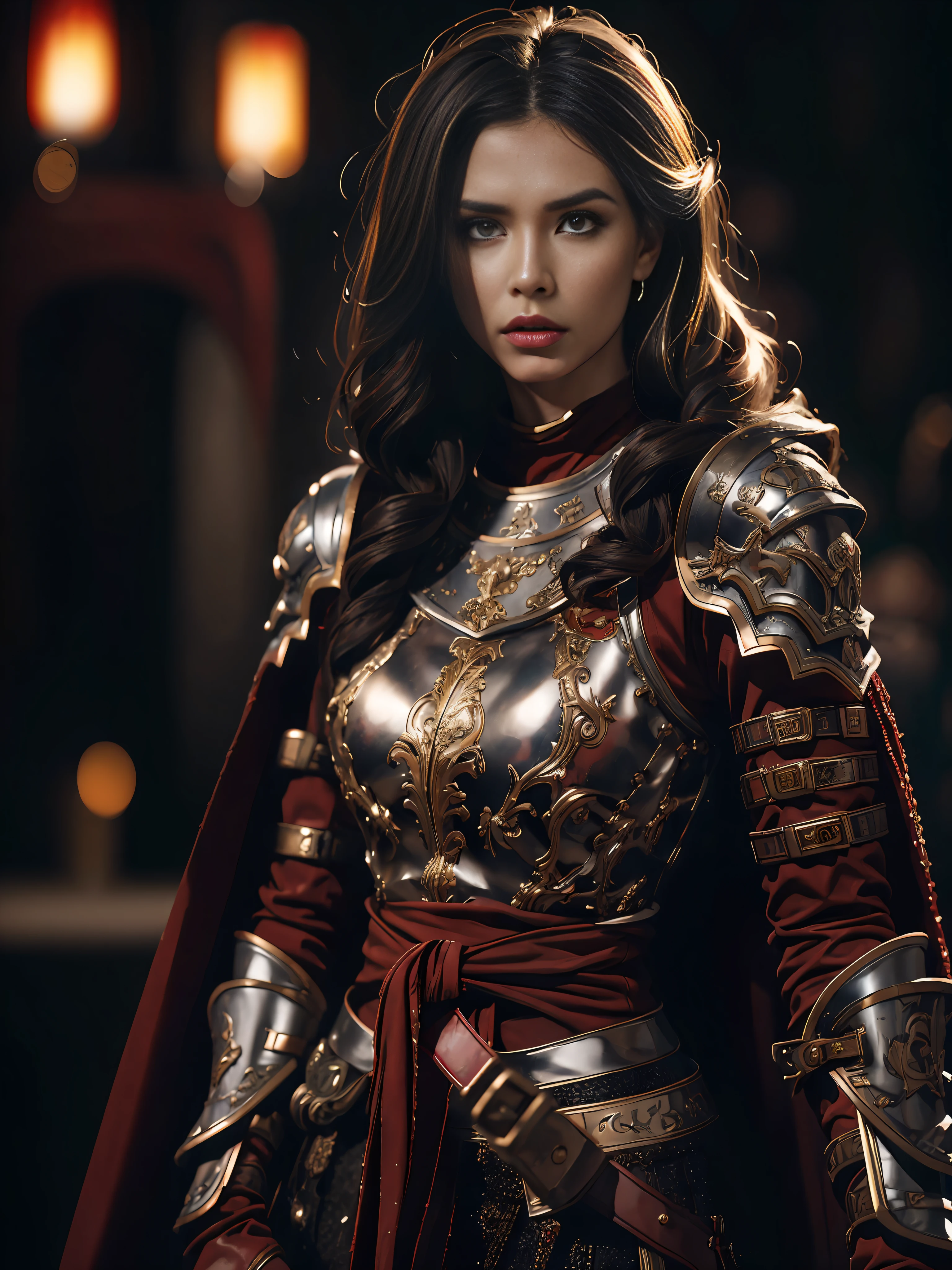 1girl, solo, female roman warrior with red helmet and cape, long black hair, angry, extremely beautiful girl, subtle makeup, silver hour, photorealistic, high contrast, 8k HD, detailed, hyper-detailed, realistic skin texture, blonde hair, huge chest, neckline, best quality, ultra high res, raw photo, dramatic lighting, unreal engine, intricate diffuse glow and silver tab, black cape, battlefield,  Standing