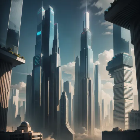 Skyscrapers towering above the ground　Megacities　Huge metropolis　epcot　Sci-Fi Cyberpunk　top-quality　​masterpiece　超A high resolution　dream