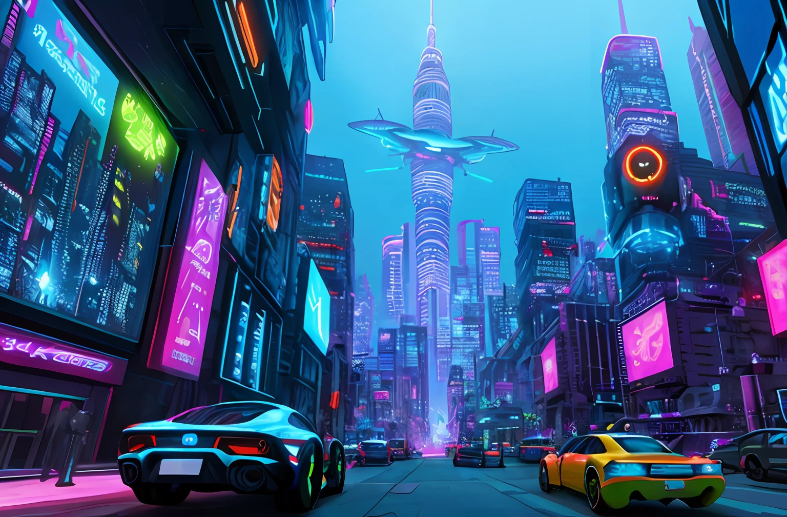 Futuristic fantasy, the city street, pedestrians，Suspension car，spaceship，unreal, (exquisitedetails: 0.85), fanciful, (view over city), colored neons, cyber punk perssonage, ((skyscrapper)), hight contrast，Human perspective