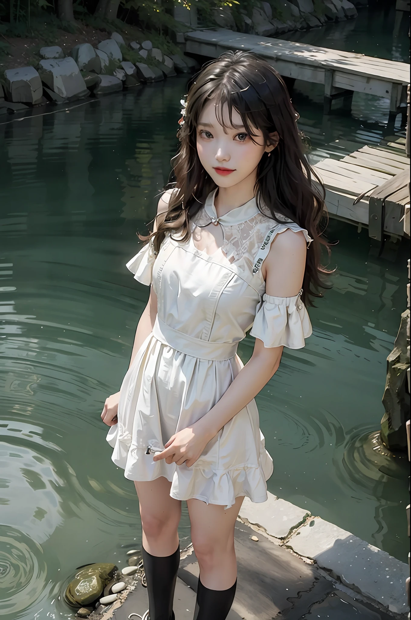 （8K，best qualtiy，tmasterpiece：1.2），（realisticlying，realisticlying，photo-realistic：1.37），Hyper-detailing，beatiful detailed eyes，Beautiful detail nose，（（（2girls））），a sailor suit，Town，small bridge flowing water，flagstone road，Stone room，ssmile，upperbody closeup，（standing on your feet）baik，blond hairbl