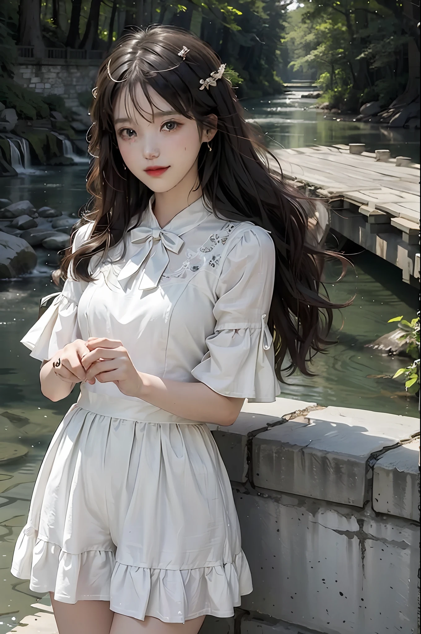 （8K，best qualtiy，tmasterpiece：1.2），（realisticlying，realisticlying，photo-realistic：1.37），Hyper-detailing，beatiful detailed eyes，Beautiful detail nose，（（（2girls））），a sailor suit，Town，small bridge flowing water，flagstone road，Stone room，ssmile，upperbody closeup，（standing on your feet）baik，blond hairbl