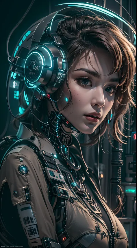 1girll，perfect facial features，delicated face，(cyber punk perssonage:1.3)，overcome cyber puns，bring headphones，shelmet，super com...