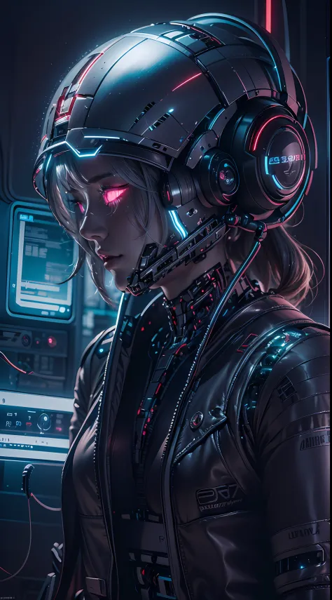 1girll，Perfect facial features，delicated face，(cyber punk perssonage:1.3)，Overcome cyber puns，Bring headphones，shelmet，Super com...