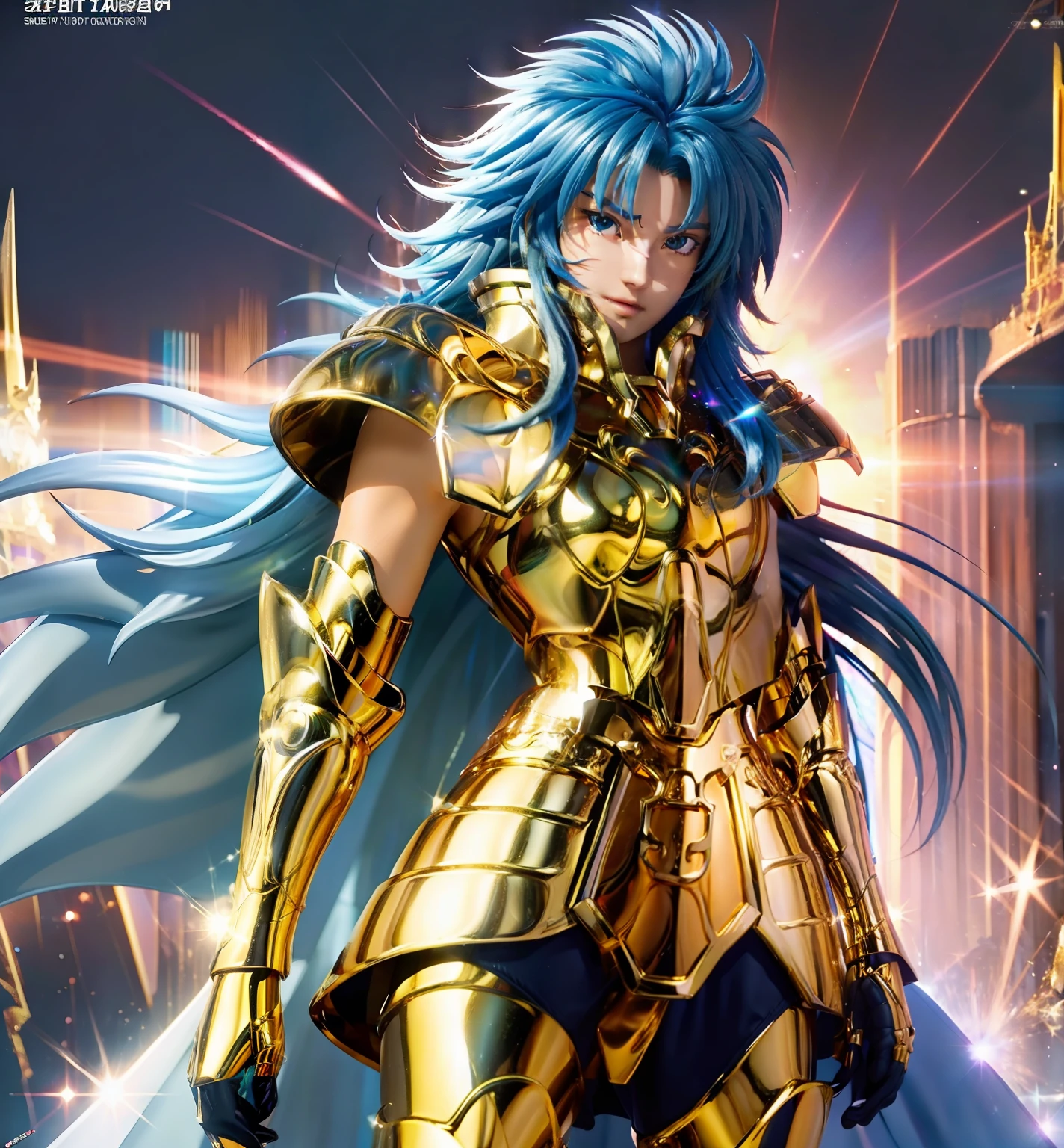 Ultra-high saturation（tmasterpiece）， fully body photo，（best qualtiy）， （1girll），super wide shot， sface focus，  Wearing shiny gold armor， Sexy lingerie type armor，Expose your chest，Expose the waistline，Exposing thighs，cool-pose， Saint Seiya Armor， messy  hair，high detal, Anime style, Cinematic lighting, The armor is shining gold, god light, Ray traching, filmgrain, hyper HD, textureskin, super detailing, Anatomical correct, A high resolution，Ultra-high saturation，hight contrast，High-gloss armor，Smooth skin，Grim expression