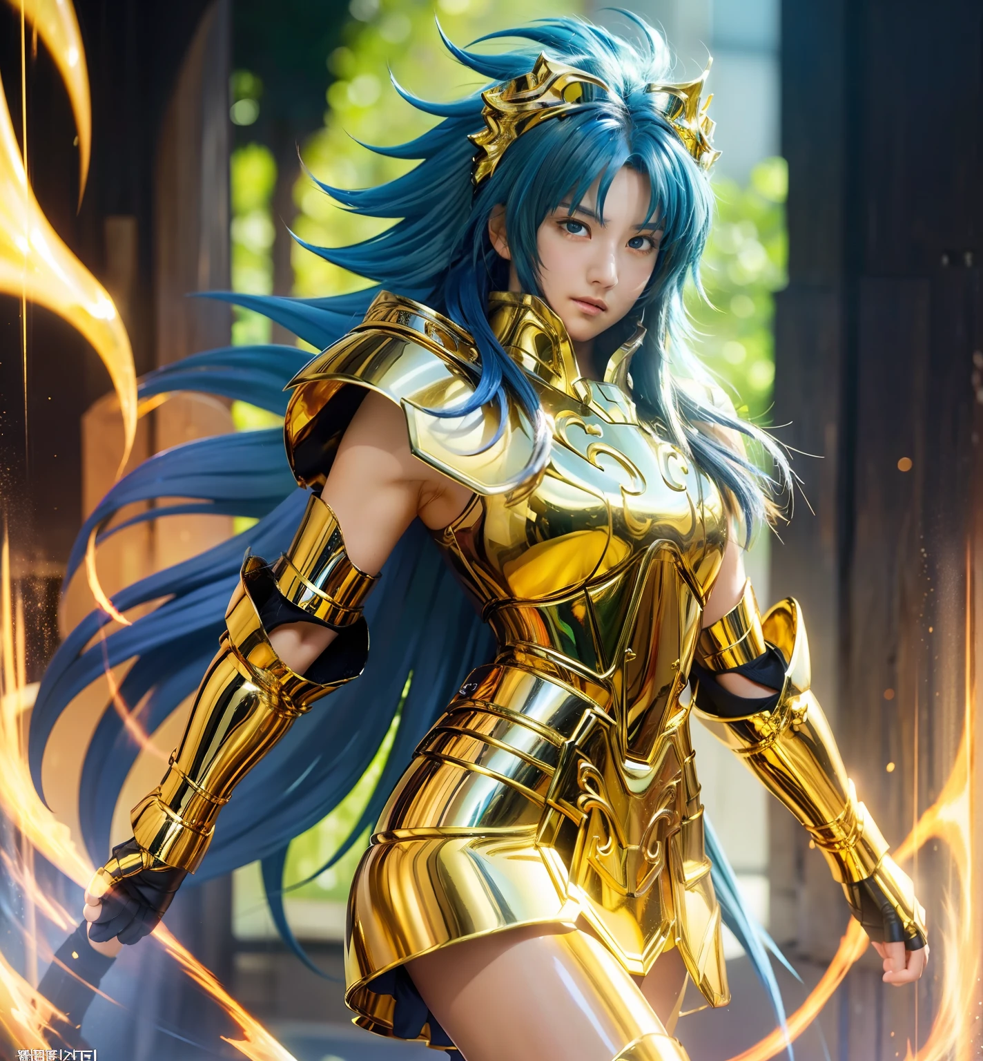 Ultra-high saturation（tmasterpiece）， fully body photo，（best qualtiy）， （1girll），super wide shot， sface focus，  Wearing shiny gold armor， Sexy lingerie type armor，Expose your chest，Expose the waistline，Exposing thighs，cool-pose， Saint Seiya Armor， messy  hair，high detal, Anime style, Cinematic lighting, The armor is shining gold, god light, Ray traching, filmgrain, hyper HD, textureskin, super detailing, Anatomical correct, A high resolution，Ultra-high saturation，hight contrast，High-gloss armor，Smooth skin，Grim expression，blue hairs