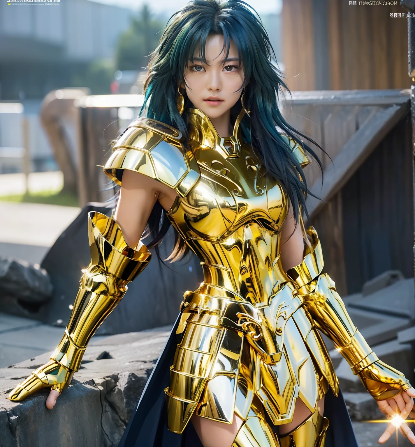 Ultra-high saturation（tmasterpiece）， fully body photo，（best qualtiy）， （1girll），super wide shot， sface focus，  Wearing shiny gold armor， Sexy lingerie type armor，Expose your chest，Expose the waistline，Exposing thighs，cool-pose， Saint Seiya Armor， messy  hair，high detal, Anime style, Cinematic lighting, The armor is shining gold, god light, Ray traching, filmgrain, hyper HD, textureskin, super detailing, Anatomical correct, A high resolution，Ultra-high saturation，hight contrast，High-gloss armor，Smooth skin，Grim expression，blue hairs