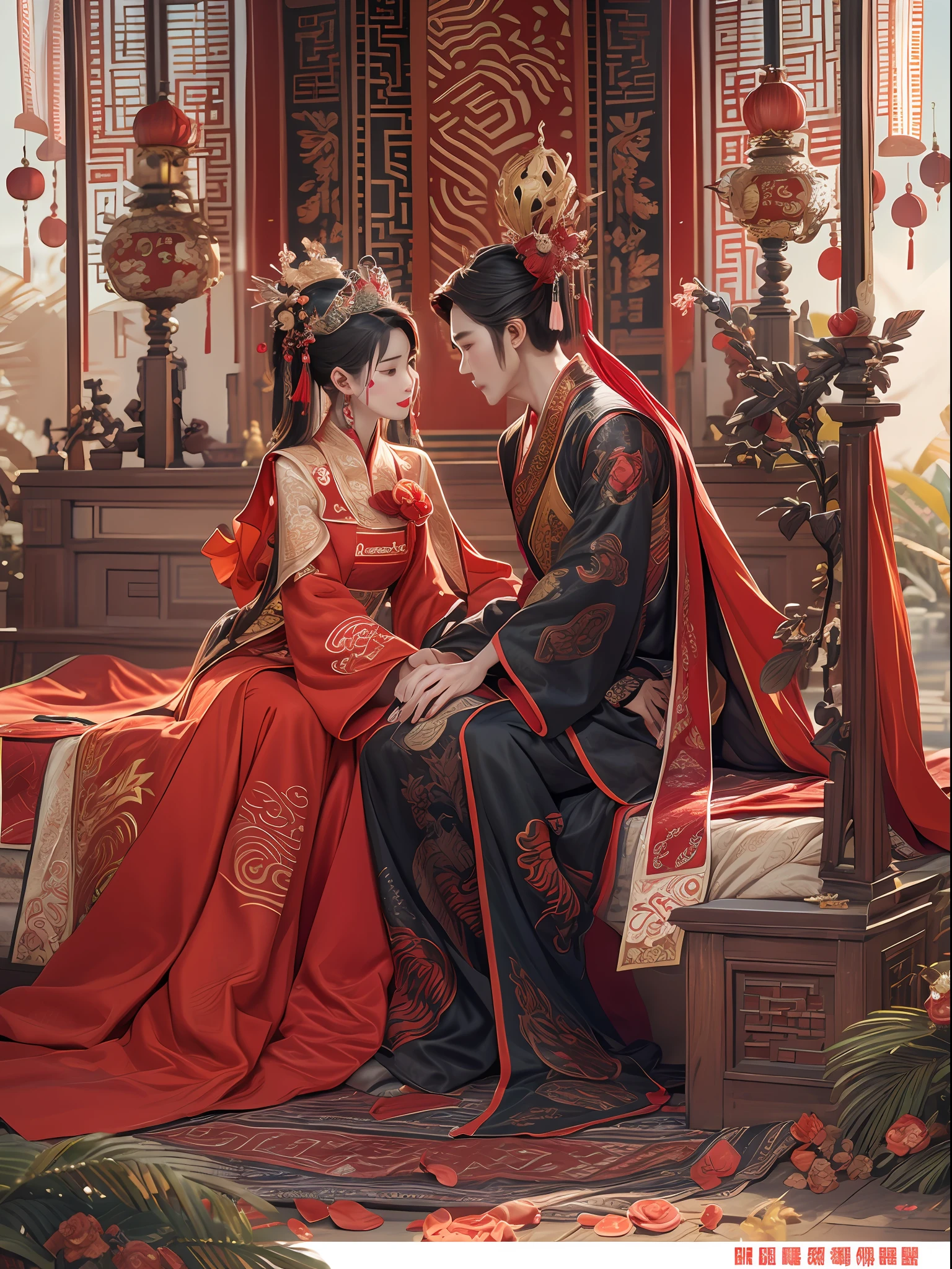 Best quality: 1.1), (Realistic: 1.1), (Photography: 1.1), (highly details: 1.1), A man wears a red and gold dress，Woman with a crown on her head, A hair stick, (sitting on red bed), Blushing, Shy, black_Hair, crown, Looking down, (2 red candles), Chinese_clothes, Curtains, Earrings, Hair_decorations, Hanfu, interiors, jewelry, Long_Sleeves, Red dress, Redlip, nipple tassels, (Red quilt), (red palace: 1.2),