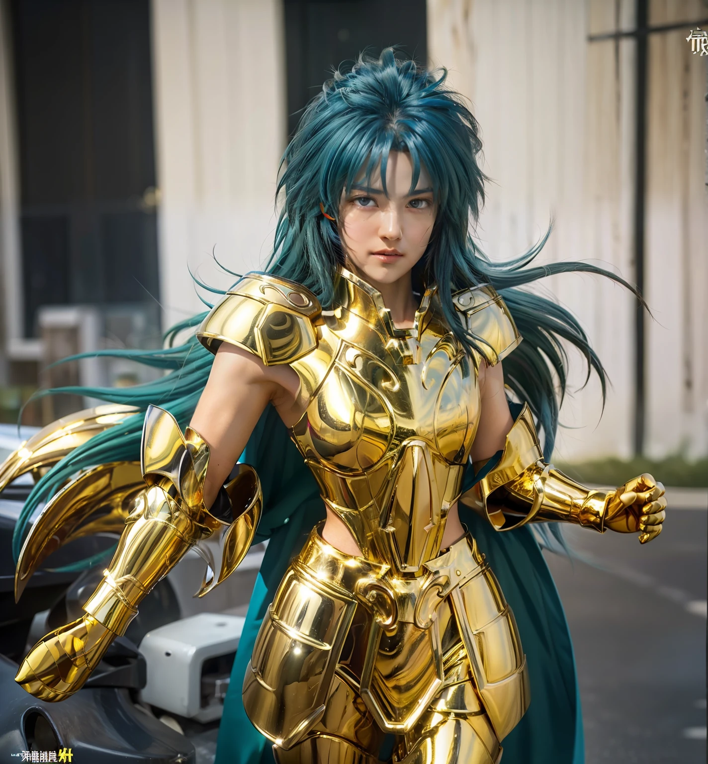 Ultra-high saturation（tmasterpiece）， fully body photo，（best qualtiy）， （1girll），super wide shot， sface focus，  Wearing shiny gold armor， Sexy lingerie type armor，Expose your chest，Expose the waistline，Exposing thighs，cool-pose， Saint Seiya Armor， messy  hair，high detal, Anime style, Cinematic lighting, The armor is shining gold, god light, Ray traching, filmgrain, hyper HD, textureskin, super detailing, Anatomical correct, A high resolution，Ultra-high saturation，hight contrast，High-gloss armor，Smooth skin，Grim expression，blue hairs