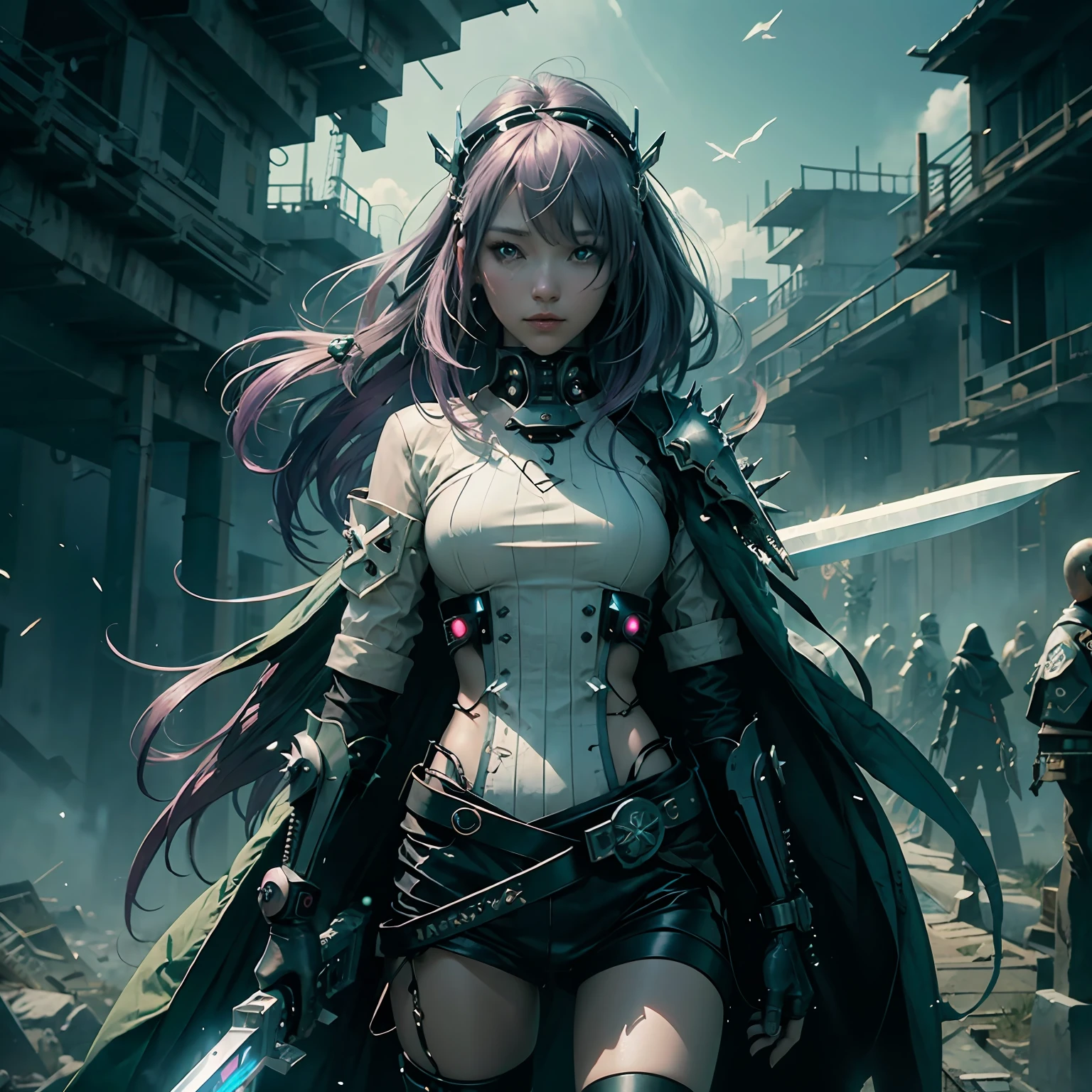 (Extreme Detail CG Unity 8K Wallpapers，tmasterpiece，Highest image quality)，(Delicate light and shadow，The picture is highly dramatic，Cinematic lens effect)，Beauty with purple hair and green and white clothing, Maple Story Girl, style of ghost blade, Glowing green spear, spiky skin, Stylized anime, With a long gun, lineless, holy cyborg necromancer girl, katana zero，cyber punk style --auto