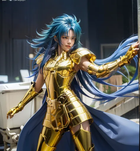 Ultra-high saturation（tmasterpiece）， fully body photo，（best qualtiy）， （1girll），super wide shot， sface focus，  Wearing shiny gold armor， Sexy lingerie type armor，Expose your chest，Expose the waistline，Exposing thighs，cool-pose， Saint Seiya Armor， messy  hai...