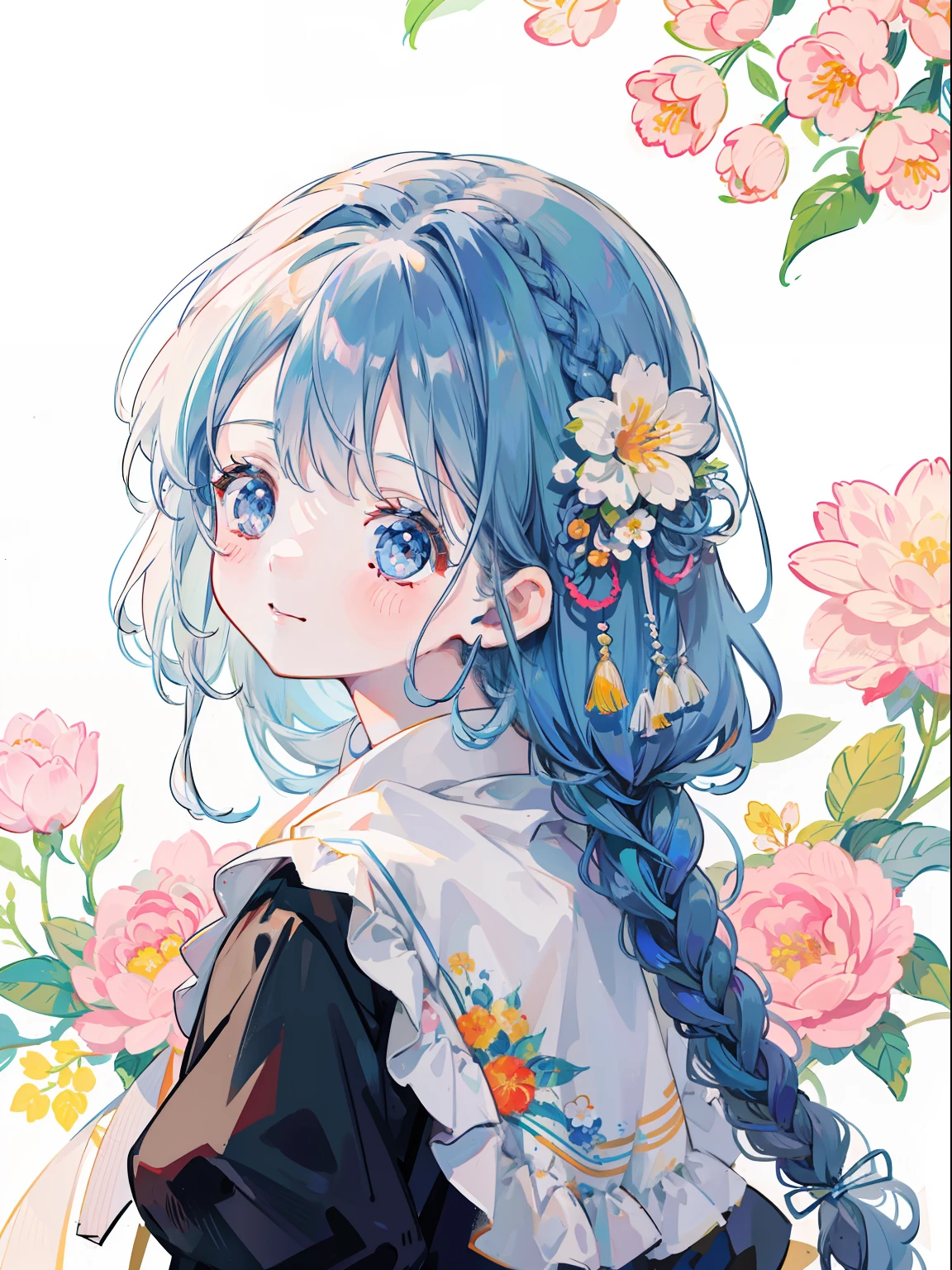 Background overflowing with many flowers、Close up portrait of smiling woman looking back。There are also many flowers in the hair of the braid。Cute illustrations full of happiness、Floral background、Extremely high quality、high-level image quality、Extremely delicate drawing。Rarely seen workmanship