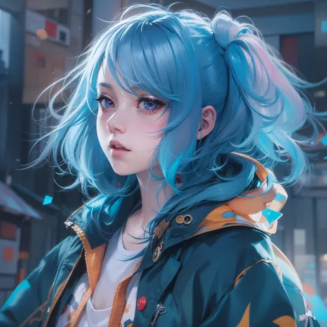 a girl with a bright hair and a blue jacket looks at the camera, inspired by Yuumei, digital anime art, colorful digital painting, rossdraws cartoon vibrant, anime style 4 k, alice x. zhang, by Yuumei, digital anime illustration, beautiful anime portrait, ...