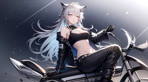 Original_garments,1girll,Solo,Ground_vehicle, engines_vehicle, motorcycle,pale-skinned_Female, Long_Hair,Boots, Pants, navel, cr...