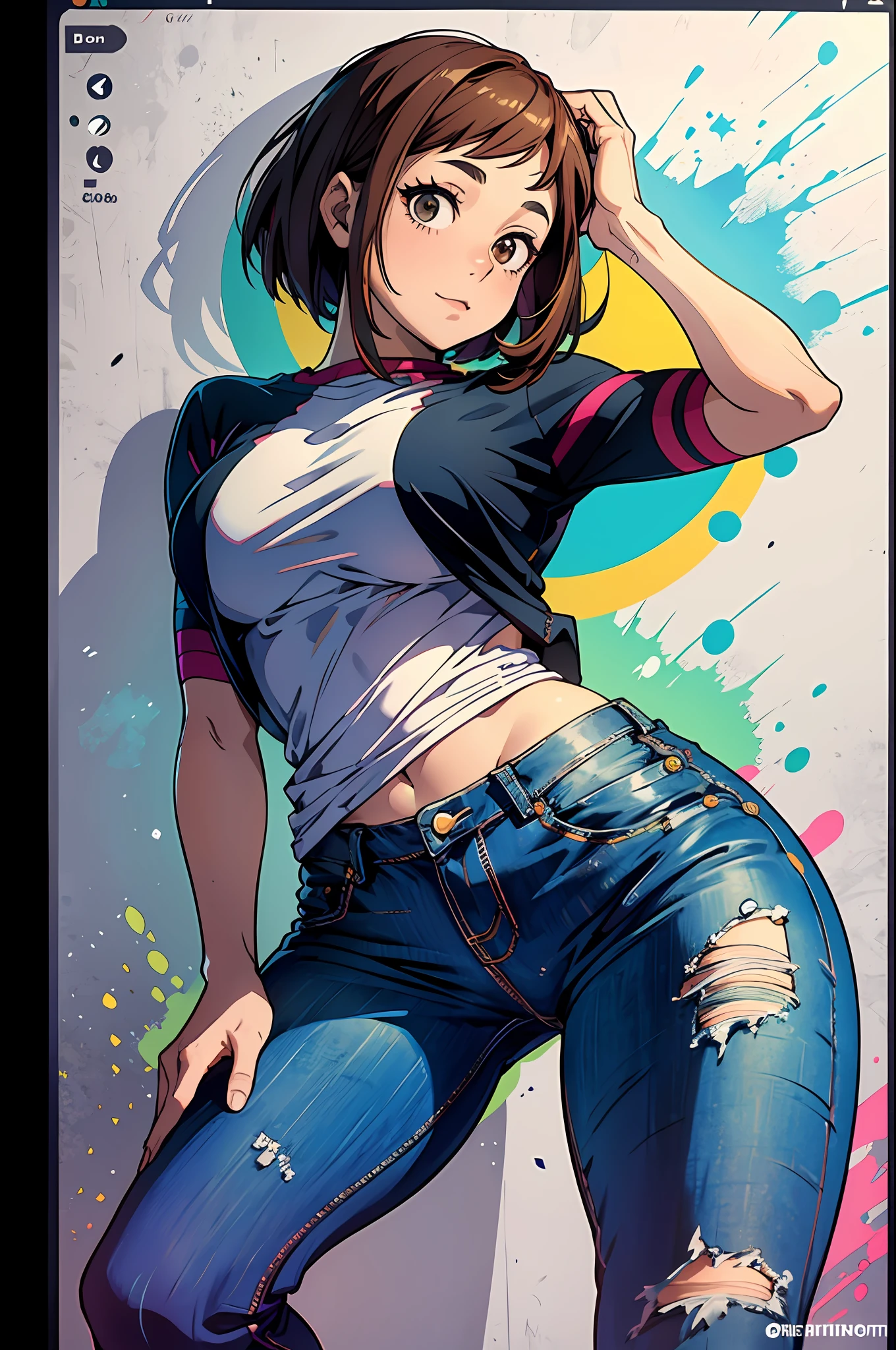 Ochaco Uraraka, very sensual, with funk girl clothes, Brazilian, Rio de Janeiro, dancing funk, rolling, big-ass, legs thick, wearing extremely short denim shorts, wearing a mini blouse, umbigo com pirsing, sneakers Nike, longye hair, Speaker behind, fully body, very realistic, extremely sexy, 8K, 8K extremamente detalhado), (an extremely delicate and beautiful), (Masterpiece artwork), (best qualityer: 1.0), (ultra highres:1.0)