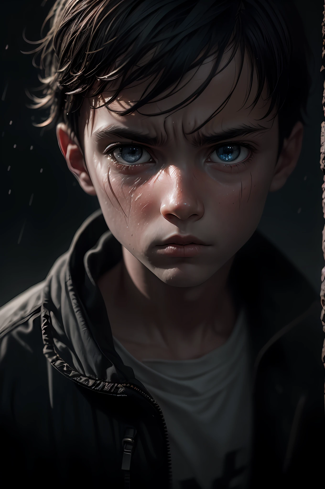 (sharp focus:1.2), an award winning photo of an boy kid peasant, thunderstorm outside, lightning back lighting, wrinkles, extremely detailed skin, sadness, hopelessness ,cloudy eyes, (deep shadows:1.1), high contrast, beautiful eyes, absurdres, 8k, (high quality:1.3), , artstation hd, concept art, detailed face and body, award-winning photography, (moody lighting:1.2), depth of field, bokeh, 4K, HDR