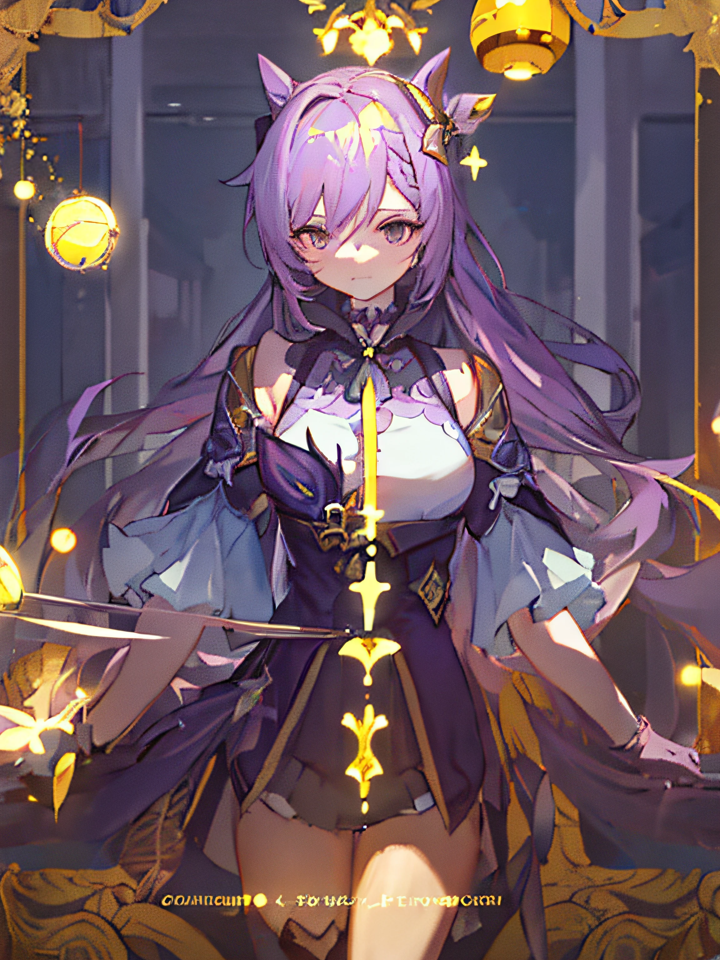 ((masterpiece, best quality)), close-up, straight on, face focus,((1 girl)), {long hair}, ((big breasts)), standing, hair ornamen, gloves, (incredible abronousity),Gold-plated frame，（detailedlight），lamplight，Colorful，Hierarchical background，（Gorgeous background），dynamic angle，Delicate background，（shine），Guest Secretary\（genshin impact\），dual horsetail，Purple hair High-rise buildings