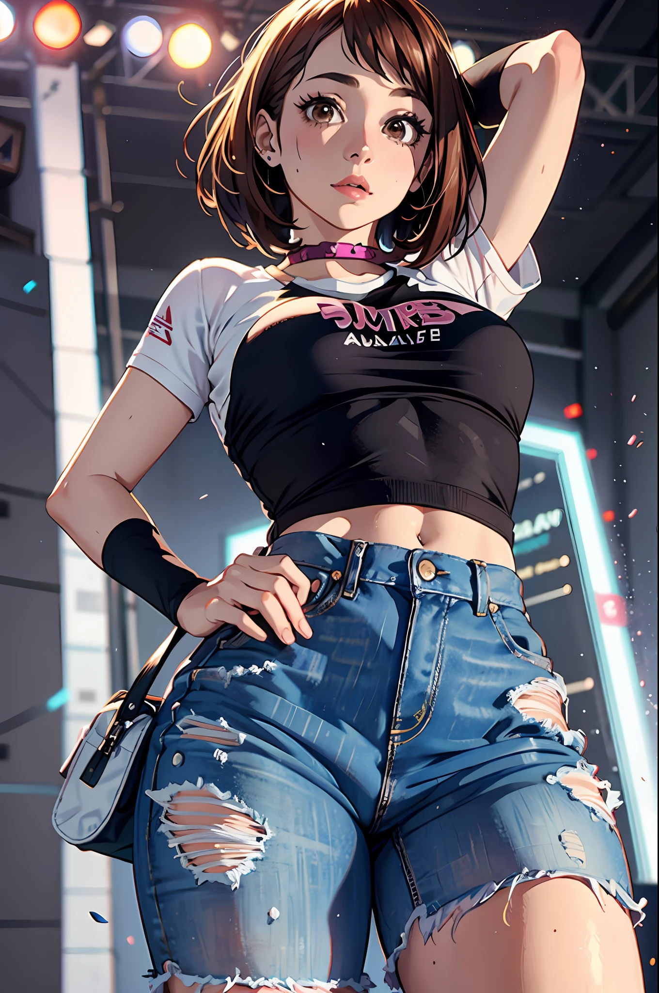Ochaco Uraraka, very sensual, with funk girl clothes, Brazilian, Rio de Janeiro, dancing funk, rolling, big-ass, legs thick, wearing extremely short denim shorts, wearing a mini blouse, umbigo com pirsing, sneakers Nike, longye hair, Speaker behind, fully body, very realistic, extremely sexy, 8K, 8K extremamente detalhado), (an extremely delicate and beautiful), (Masterpiece artwork), (best qualityer: 1.0), (ultra highres:1.0)