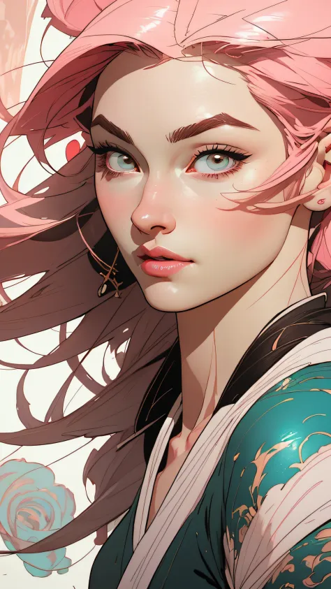 um close up de uma mulher com cabelo rosa e olhos azuis, RossDraw pastel vibrante, rossdraw desenho animado vibrante, Rossdraw 1...