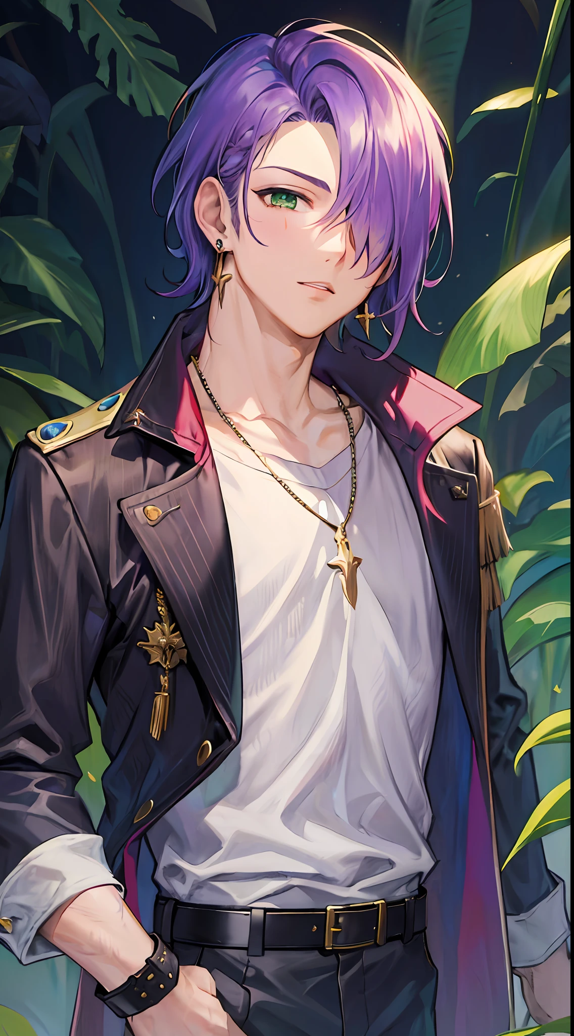 best quality, masterpiece, highres, 1boy,male,solo,upper body, sampo,purple hair,green eyes,hair over one eye,jacket,shirt,earrings,belt