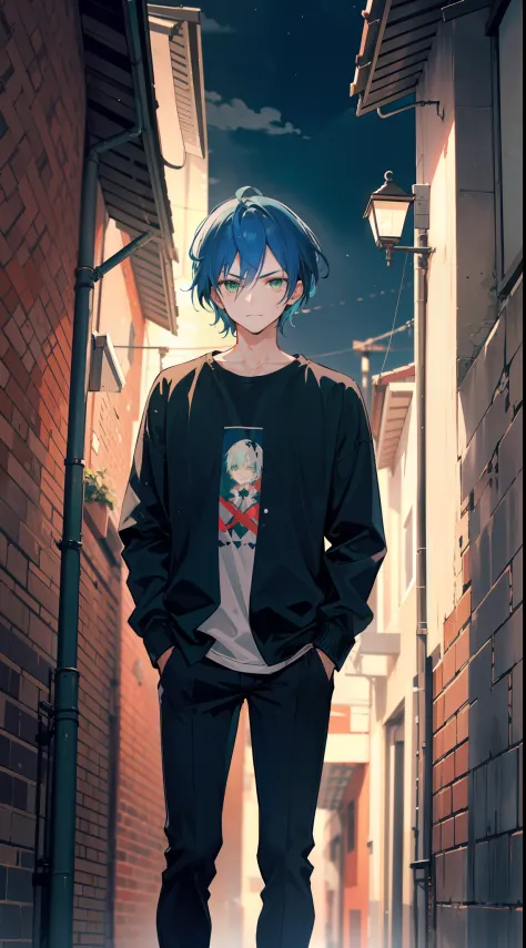 A man, blue hair and green eyes, sharp short hair, wearing a casual cloth, standing in a narrow alley alone, night, badass, masc...