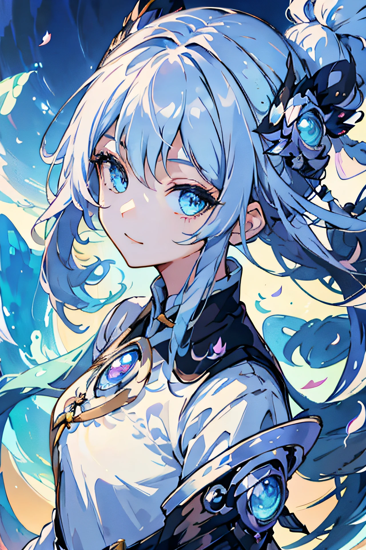 cute female child ，Half-body diagram，Cyan eyes，A slight smil，Eyes narrowed slightly，Very cute laugh，Laugh cutely，Blue-white hair color，Floating hair，Long hair flying，Delicate and agile eyes，Half-body diagram，Intricate damask hanfu，Xiang Guan smiled sweetly，Petals flying，f/1.8，tmasterpiece，blue-sky，Petals flying，Chang'e，Side lighting，The sun shines on people，8K，(Smile:1)，(Masterpiece,top-quality,best qualtiy,offcial art,Beauty and aesthetics:1.2),(1girll:1.3),Long hair,extremedetailed,Colorful,highestdetailed,(watercolor paiting:1.2),opticalmixing,playfulpatterns,livelytexture,richcolors,unique visual effect