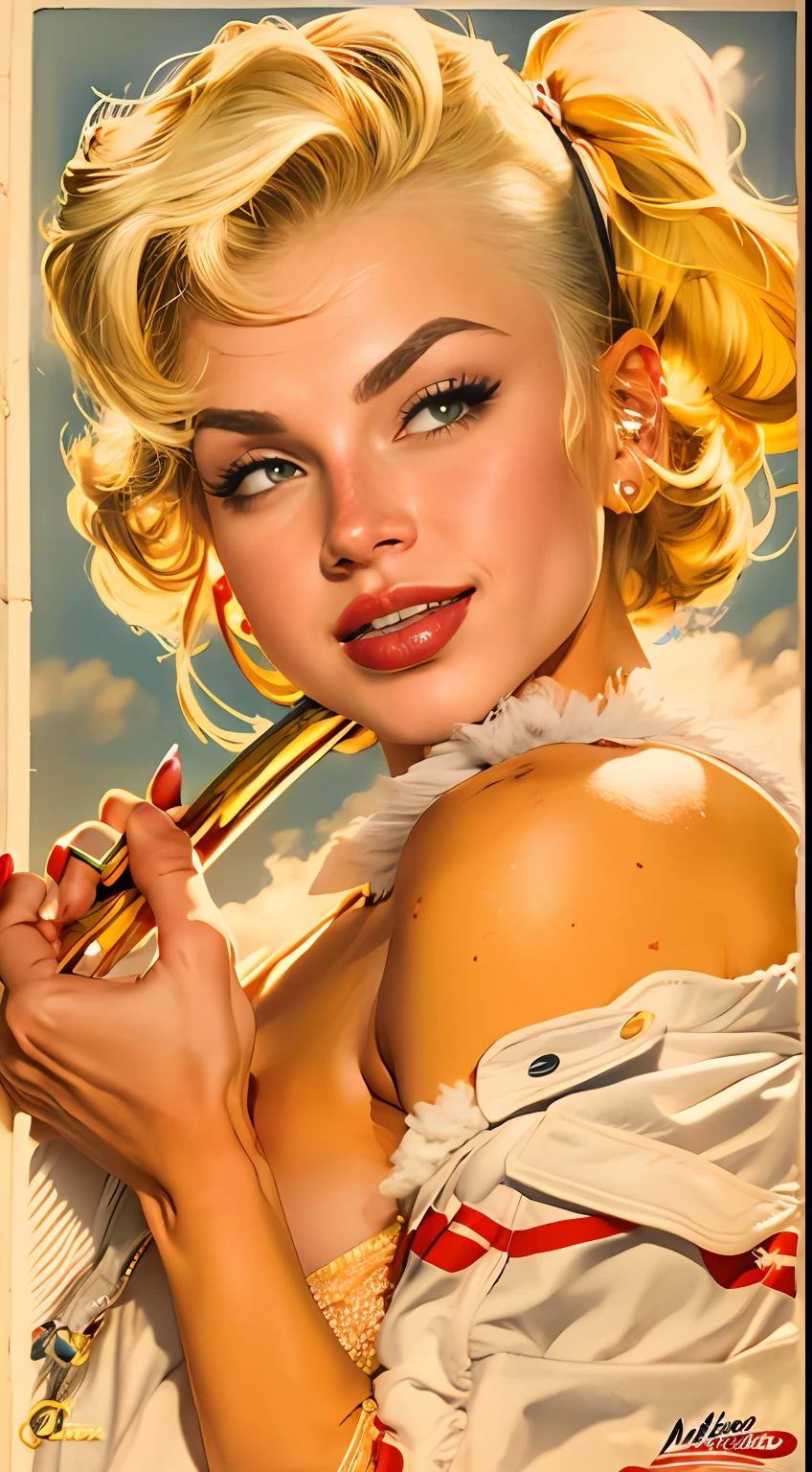 Masterpiece, Best Quality, 4k, ((in the style of Gil Elvgren or Alberto Vargas)), ((Android-18 DBZ,))red lipstick, moles, Moda vintage, high waist shorts, cropped cover, wavy yellow hair, 1950s pinup girl, surf competition