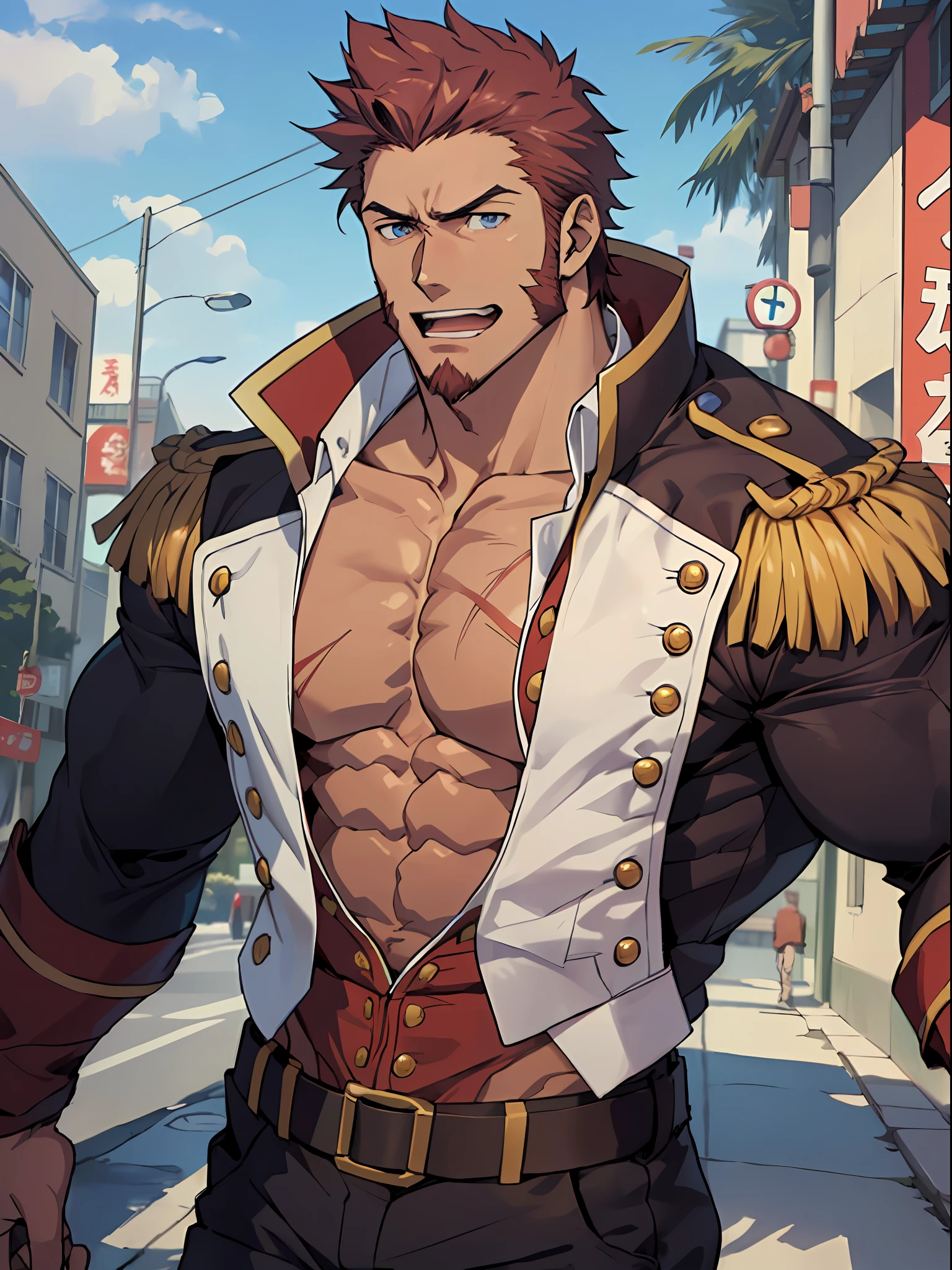 ((passionate, romantic),(bara hunk with bulging muscles and rugged features, anatomicly correct),(best quality anime fate)),  Napoleon Bonaparte from Fate,