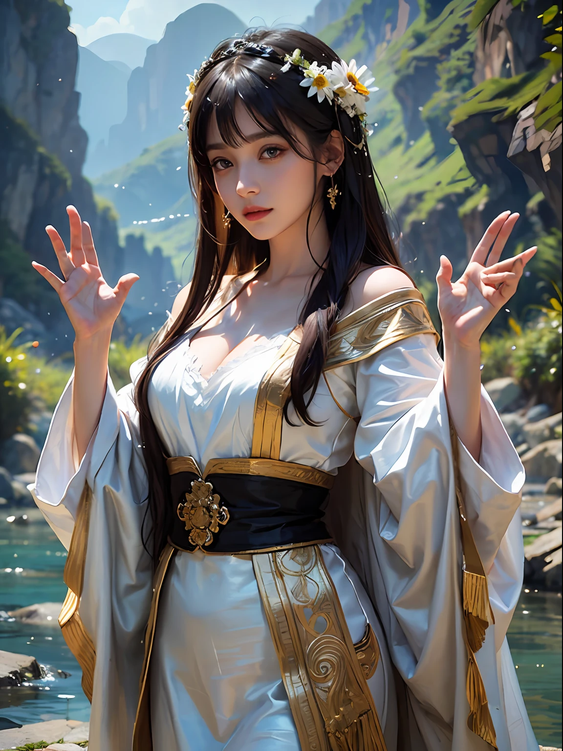 (beside a river)1beautiful girl, long black hair with bangs, daisy, intricate ornaments, white silk robe, realistic, looking at the camera, riverside, waving with water, tranquil, mountain background, cinematic lighting, trending on ArtStation, by Irakli Nadar, Greg Rutkowski，(((best quality))),(((ultra detailed))),(((masterpiece)))