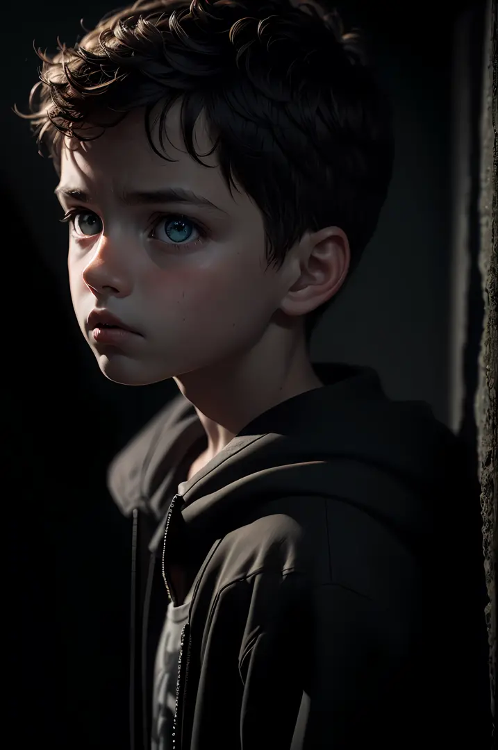 (sharp focus:1.2), an award-winning shot of a casual boy kid, thunderstorm outside, dull backlighting, extremely detailed skin, ...