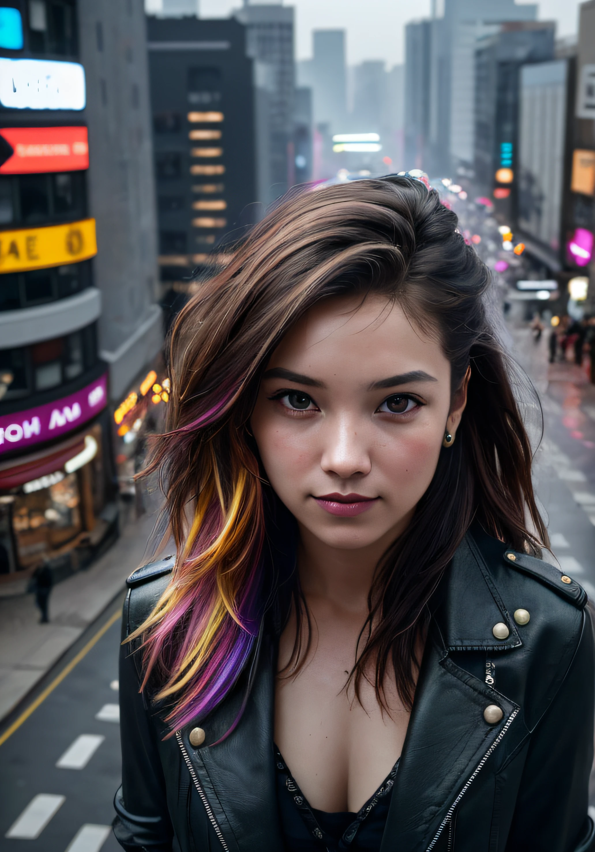 style, model shooting style, photo ((selfie: 1.8)) of a girl, 1girl, (cyberpunk: 1.8, cyberpunk city background: 1.8), ((cutest face: 1.8, perfect face: 1.3)), (multicolored long hair: 1.4, pale skin: 1.5),
(from above:1.2), best quality, epic (by Lee Jeffries Photo, Sony A7, 50mm, pores:1.5, colors, hyper-detailed:1.5, film grain:1.4,
hyperrealistic: 1.5), hyper-realistic texture, masterpiece, unreal engine 5, extremely detailed 8k CG wallpaper, 
Crazy detailed photo, hyperrealistic light, (Pulitzer Prize Winner for Photography and Taylor Wessing Photo Award)