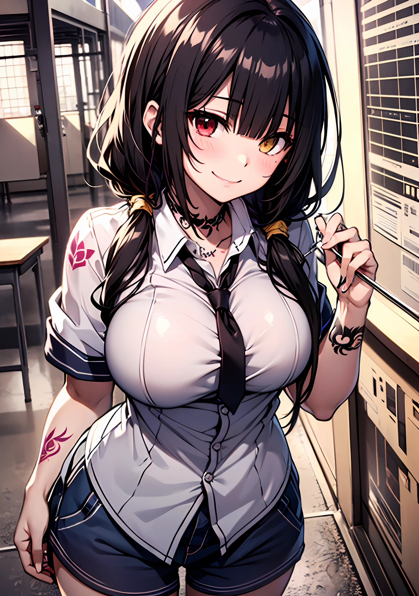 Masterpiece, high quality, ultra quality, best lighting, 1girl, ((tokisaki kurumi)), long hair, black hair, low twintails, monochrome, ((right red eye:1, left yellow eye:1)), , ((school uniform)), ((short pants)), ((big breast)), ((big thigh)), smile, blush, cute face, ((gesugao face)), standing, sexy body, sexy, tattooed full body, tattooed face, (((tattooed))),looking at viewer, large the breast, nsfw, (((mountain)))