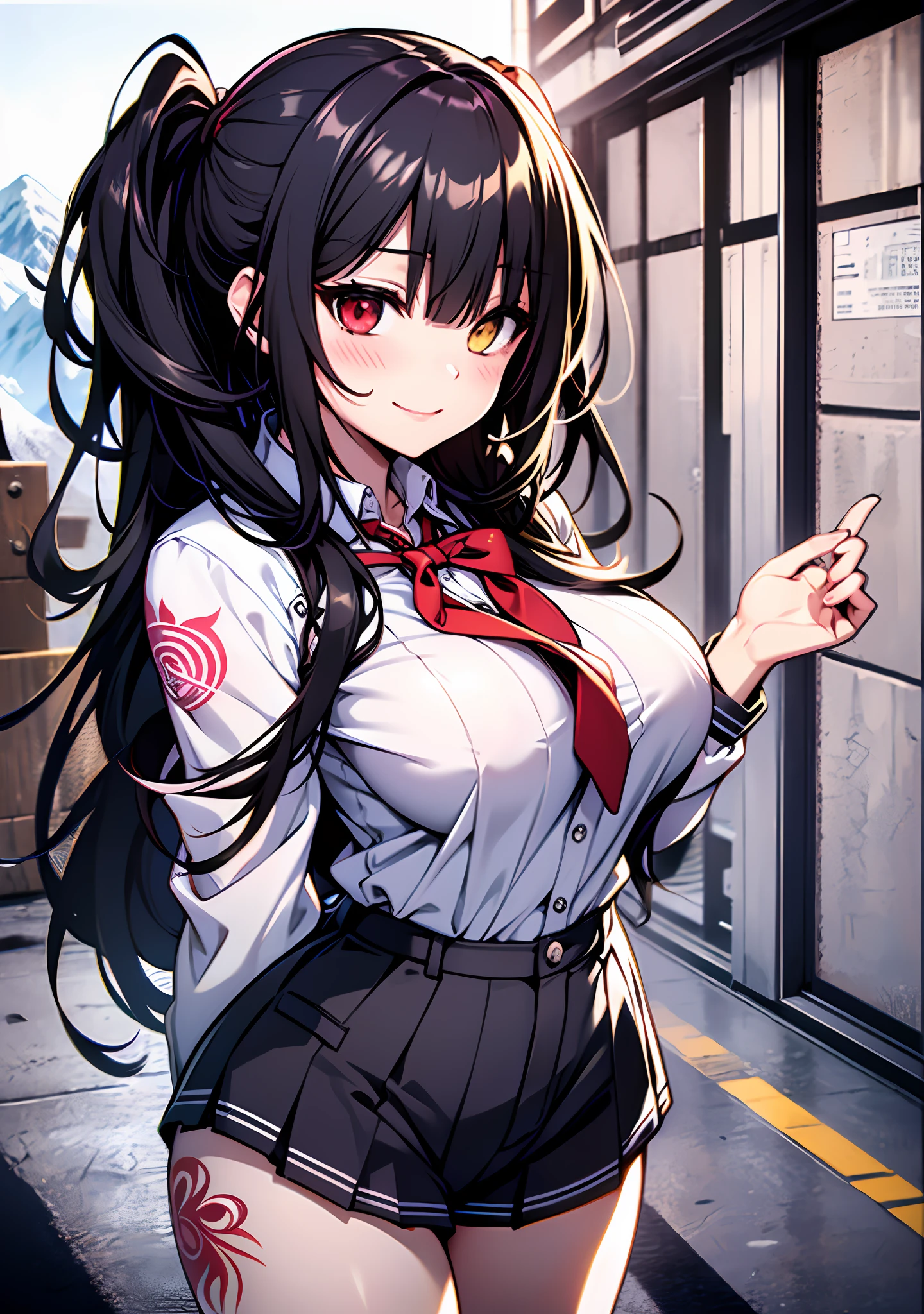 Masterpiece, high quality, ultra quality, best lighting, 1girl, ((tokisaki kurumi)), long hair, black hair, low twintails, monochrome, ((right red eye:1, left yellow eye:1)), school uniform, ((school uniform)), ((short pants)), ((big breast)), ((big thigh)), smile, blush, cute face, ((gesugao face)), standing, sexy body, sexy, tattooed full body, tattooed face, (((tattooed))),looking at viewer, large the breast, nsfw, (((mountain)))