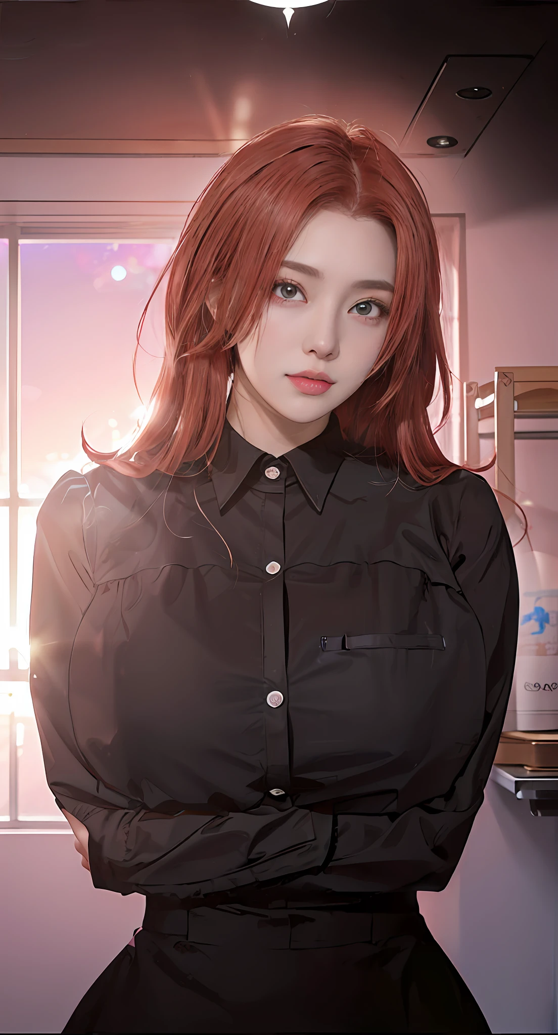 anime girl with red hair and black shirt standing in front of a window, anya from spy x family, marin kitagawa fanart, fine details. girls frontline, anime girl wearing a black dress, from girls frontline, hinata hyuga, anime visual of a young woman, seductive anime girl, realistic , (sfw) safe for work, yayoi kasuma