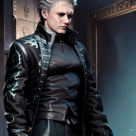 1. Guy, Vergil, White hair slicked back, Open blue wide shelter without shirt, fit, emphasis on fit, wallpaper.