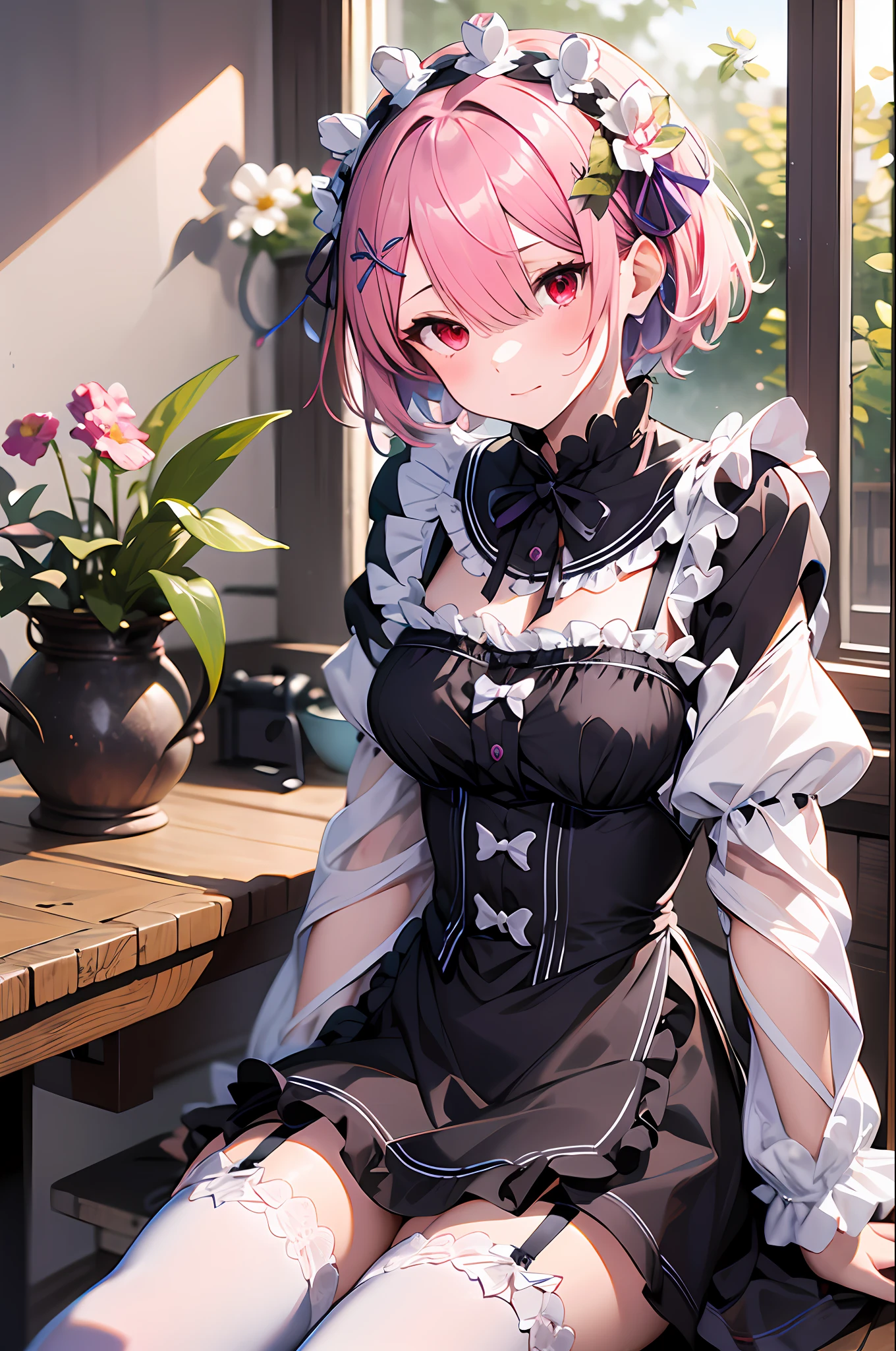 masterpiece, best quality, highres, ram1, 1girl, solo, ram \(re:zero\), pink hair, white thighhighs, short hair, red eyes, hair over one eye, ribbon trim, hair ribbon, x hair ornament, frills, maid headdress, waist apron, garter straps, black ribbon, small breasts, long sleeves, white apron, neck ribbon, purple ribbon, wide sleeves, hair flower, indoors, sitting, crossed legs,